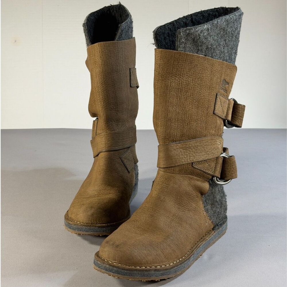 Sorel Chipahko Felt Leather Boots Brown/Gray Women's 9 Double Buckle Rustic Chic